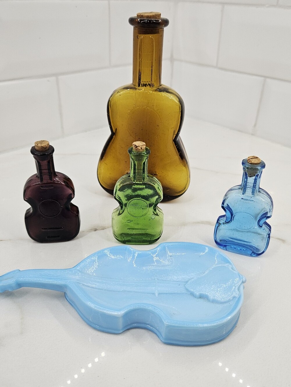 VTG Colored Glass Guitar Bottles Taiwan Amethyst Blue Slag Trinket Dish Lot of 5